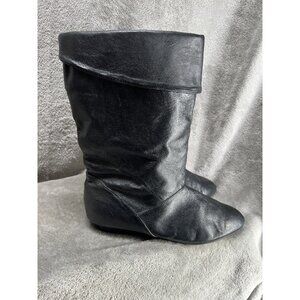 Vtg 80s Black The Leather Collection Woman’s 11 Wedge Boot’s Slouch Mid Calf